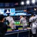 The Yankees dugout erupts in celebration after Ben Rice's go-ahead home run in the ninth in the Yankees' 8-3 win over the Blue Jays, Toronto, June 14, 2026.