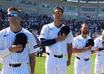 Max Schuemann, Spencer Jones, Paul DeJong, and Seth Brown are at a 2026 Yankees spring training game.