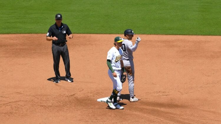 Max Schuemann gestures to dugout after scoring a run in the Yankees' 13-8 win over the A's in Sacramento, May 31, 2026.