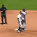 Max Schuemann gestures to dugout after scoring a run in the Yankees' 13-8 win over the A's in Sacramento, May 31, 2026.
