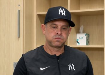 Manager Aaron Boone speaks to reporters after the Yankees' 8-4 win over the Guardians in Cleveland, June 10, 2026.