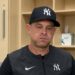 Manager Aaron Boone speaks to reporters after the Yankees' 8-4 win over the Guardians in Cleveland, June 10, 2026.