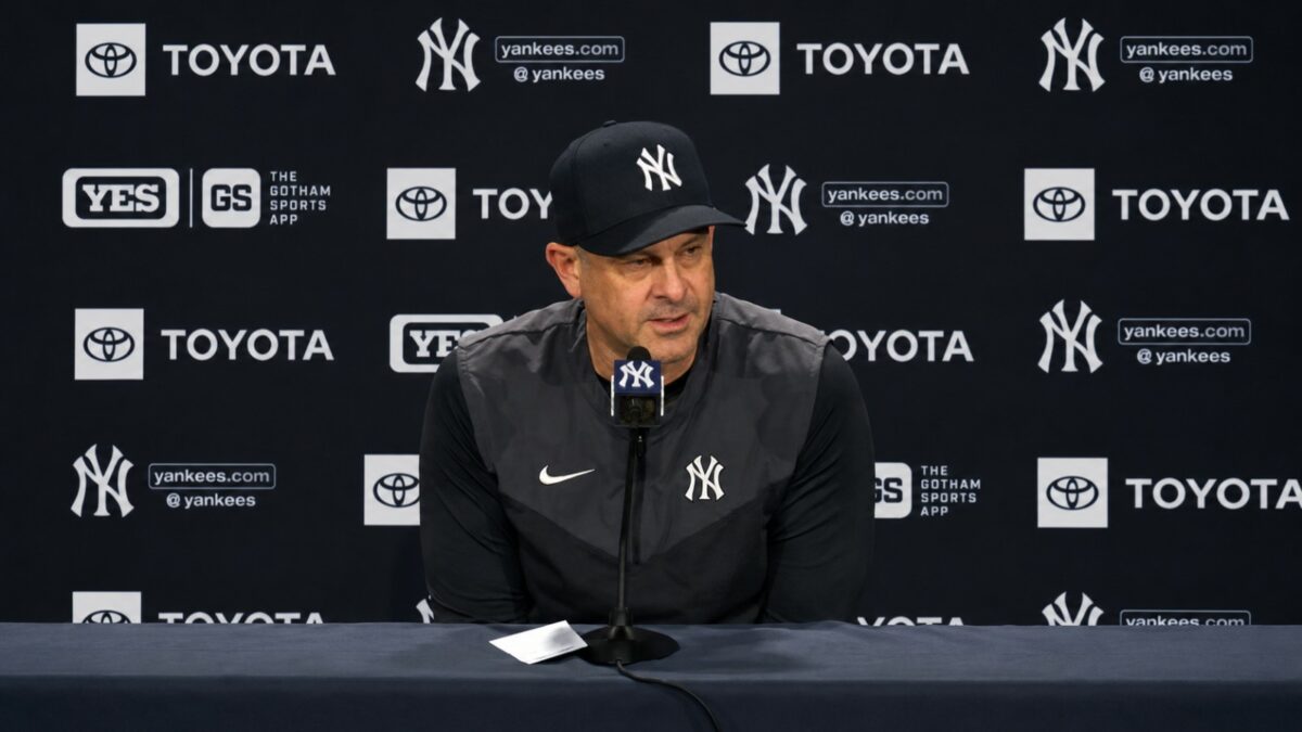 Yankees' manager Aaron Boone talks to reporters after the Yankees' 5-4 loss to the Guardians in New York, June 3, 2026.