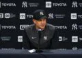 Yankees' manager Aaron Boone talks to reporters after the Yankees' 5-4 loss to the Guardians in New York, June 3, 2026.