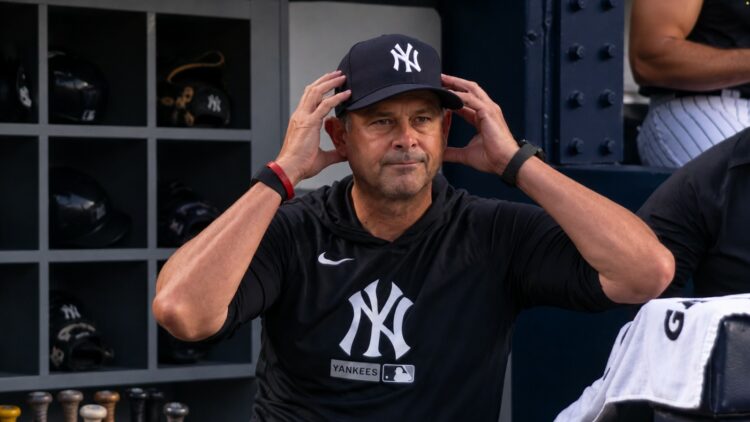Manager Aaron Boone reacts to a baserunning lapse during the Yankees' 5-1 loss to the White Sox in New York, June 18, 2026.