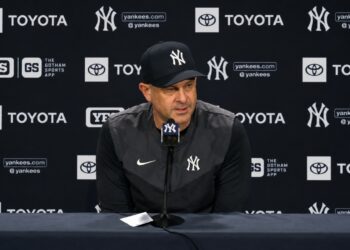 Yankees' manager Aaron Boone talks to reporters after the Yankees' 5-4 loss to the Guardians in New York, June 3, 2026.