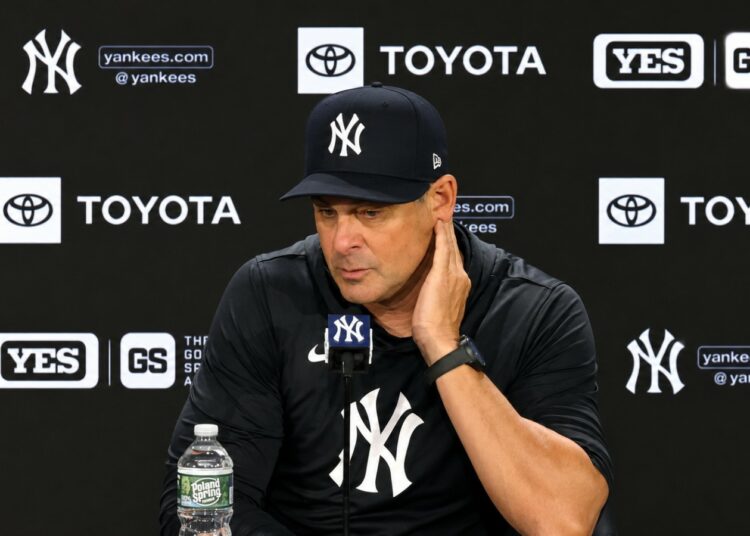 Manager Aaron Boone talks to the press after the Yankees lost 7-3 to the Tigers in New York, Jun 30, 2026.