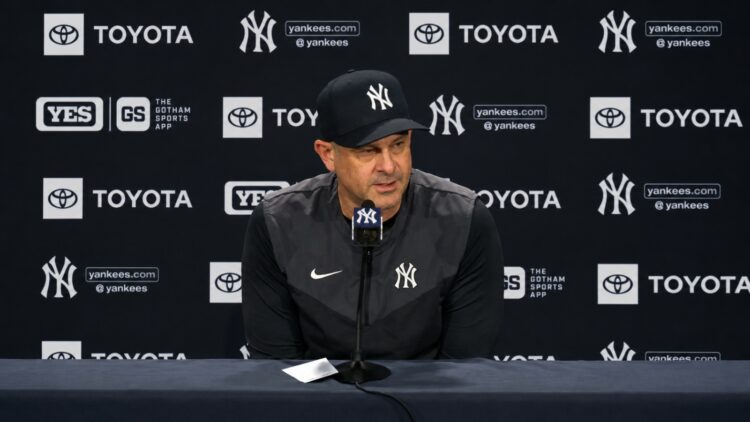 Yankees' manager Aaron Boone talks to reporters after the Yankees' 5-4 loss to the Guardians in New York, June 3, 2026.