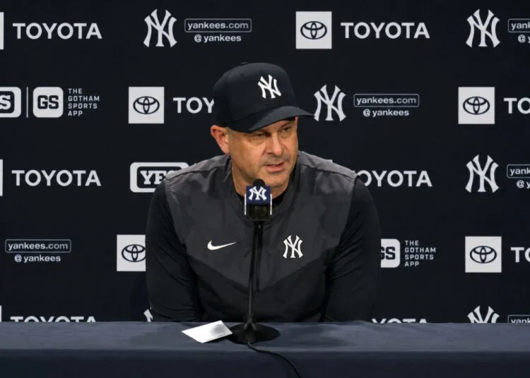 Yankees' manager Aaron Boone talks to reporters after the Yankees' 5-4 loss to the Guardians in New York, June 3, 2026.