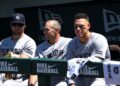 Aaron Judge is with Gerrit Cole and Paul Goldschmidt in the dugout during the Yankees' 13-8 win over the A's in Sacramento, May 31, 2026.