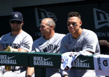 Aaron Judge is with Gerrit Cole and Paul Goldschmidt in the dugout during the Yankees' 13-8 win over the A's in Sacramento, May 31, 2026.