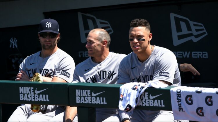 Aaron Judge is with Gerrit Cole and Paul Goldschmidt in the dugout during the Yankees' 13-8 win over the A's in Sacramento, May 31, 2026.