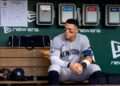 Aaron Judge is in dugout during the Yankees' 8-2 rout of the A's in Sacramento, May 29, 2026.