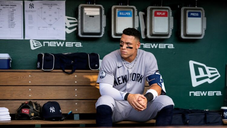 Aaron Judge is in dugout during the Yankees' 8-2 rout of the A's in Sacramento, May 29, 2026.