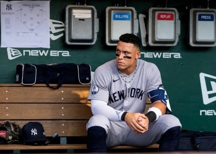 Aaron Judge is in dugout during the Yankees' 8-2 rout of the A's in Sacramento, May 29, 2026.