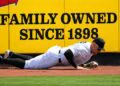 Aaron Judge fell to the ground during a leaping catch in the Yankees 12-1 win over the Orioles. May 3. 2026, New York.