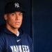 Aaron Judge dives to avoid getting in the way of Jazz Chisholm's catch on April 26, 2026 in Houston, Texas.