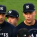 Aaron Judge and Giancarlo Stanton stood on the field after benches were cleared during the Yankees' 6-1 loss to the Red Sox, Boston, Jun 27, 2026.