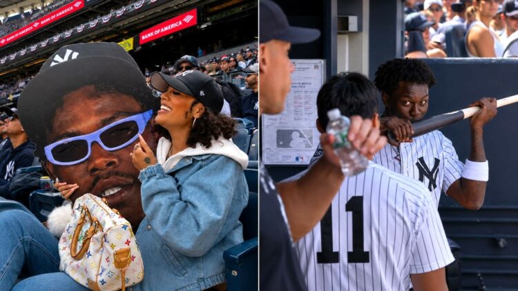 Fiancee Ahna Mac cheers him as Jazz Chisholm Jr. kisses Aaron Judge's bat in the dugout during the Yankees' 6-1 rout of the Red Sox in New York, June 7, 2026.