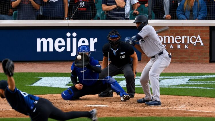 The umpire makes a wrong final strikeout call for Amed Rosario in the Yankees' 5-3 loss to the Tigers, Detroit, Jun 22, 2026.