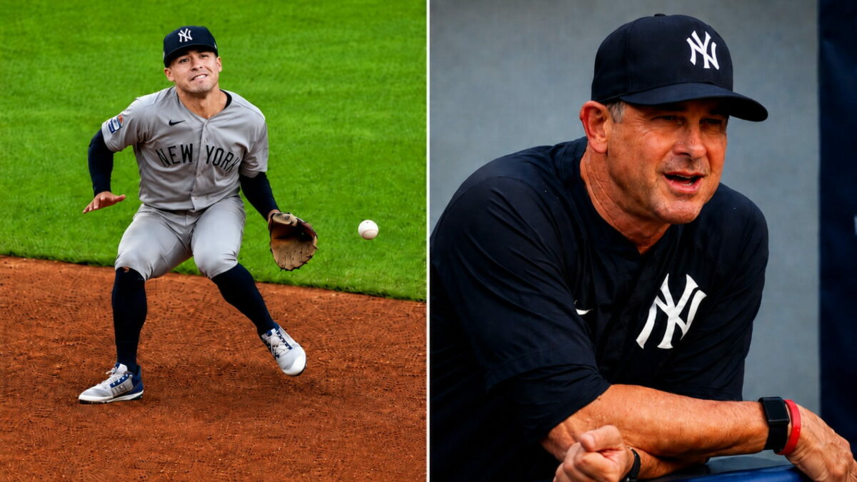 Manager Boone reacts to Anthony Volpe's error during the third inning in the Yankees' 3-2 win over the Guardians in Cleveland, June 9, 2026.