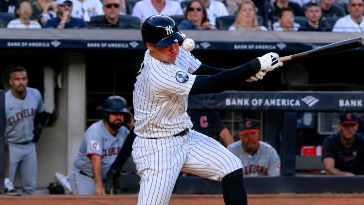 Anthony Volpe was hit on his helmet during the Yankees' 5-4 loss to the Guardians in New York, June 3, 2026.