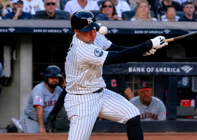 Anthony Volpe was hit on his helmet during the Yankees' 5-4 loss to the Guardians in New York, June 3, 2026.