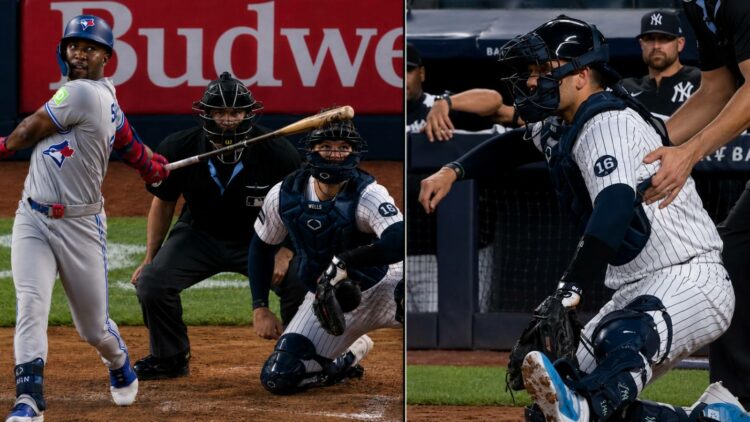 Yankees catcher Austin Wells was hit on head by a backswing from Blue Jays' Jesus Sanchez on May 19, 2026, New York.