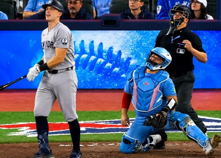 Ben Rice hits the go-ahead home run in ninth in the Yankees' 8-3 win over the Blue Jays in Toronto, June 14, 2026.