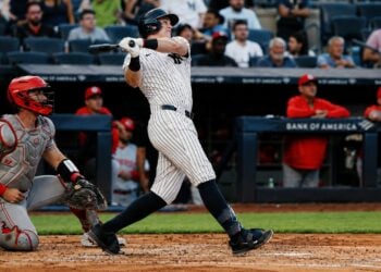Ben Rice hits a three-run home run in the Yankees' 5-0 win over the Reds, New York, June 19, 2026.