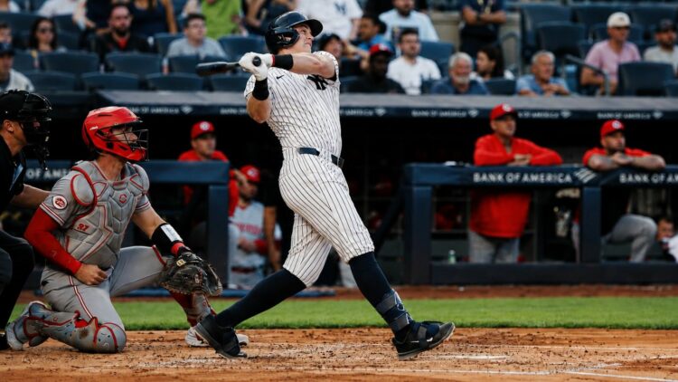 Ben Rice hits a three-run home run in the Yankees' 5-0 win over the Reds, New York, June 19, 2026.