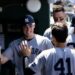 Aaron Judge gestures to Ben Rice after scoring a run in the Yankees' 13-8 win over the A's in Sacramento, May 31, 2026.
