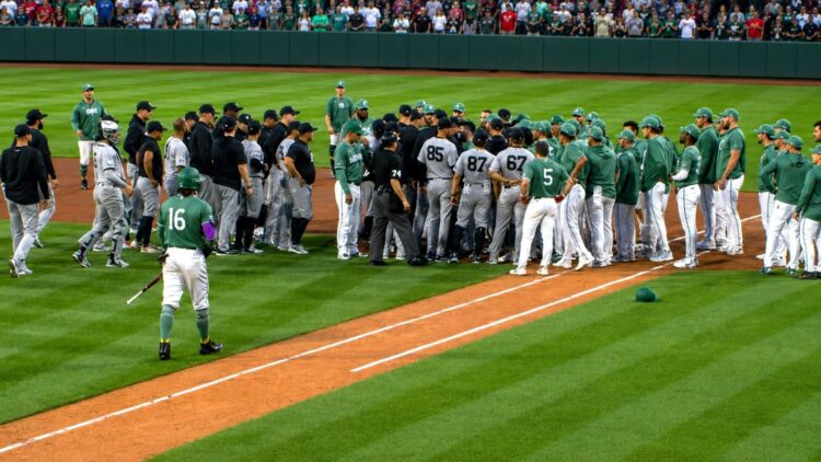 Benches were cleared after Contreras turned a walk from Williams into a scrum in the Yankees' 6-1 loss to the Red Sox, Boston, Jun 27, 2026.