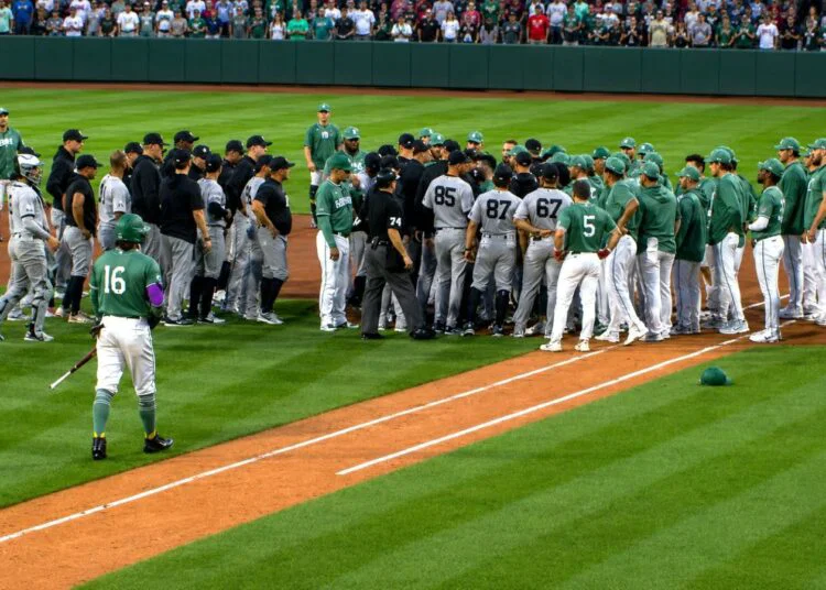 Benches were cleared after Contreras turned a walk from Williams into a scrum in the Yankees' 6-1 loss to the Red Sox, Boston, Jun 27, 2026.
