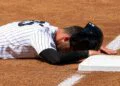 Cody Bellinger reacts after his overslide allowed Ramirez to tag him at third base in the Yankees' 2-1 win over the Guardians in New York, June 4, 2026.