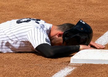 Cody Bellinger reacts after his overslide allowed Ramirez to tag him at third base in the Yankees' 2-1 win over the Guardians in New York, June 4, 2026.