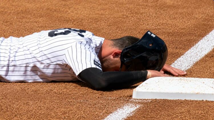 Cody Bellinger reacts after his overslide allowed Ramirez to tag him at third base in the Yankees' 2-1 win over the Guardians in New York, June 4, 2026.