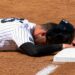 Cody Bellinger reacts after he overslided and was tagged by Ramirez at third base in the Yankees' 2-1 win over the Guardians in New York, June 4, 2026.