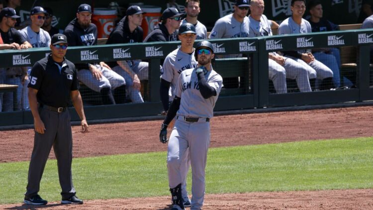 Cody Bellinger gestures to fans after scoring a run in the Yankees' 13-8 win over the A's in Sacramento, May 31, 2026.