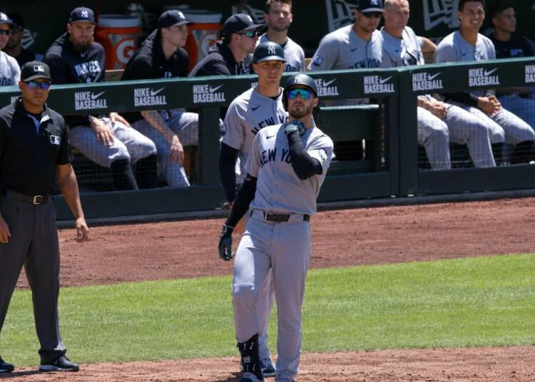 Cody Bellinger gestures to fans after scoring a run in the Yankees' 13-8 win over the A's in Sacramento, May 31, 2026.