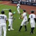 Jasson Dominguez, Ben Rice, Spencer Jones, and Volpe celebrate after Rice's three-run blast in the Yankees' 5-0 win over the Reds, New York, June 19, 2026.