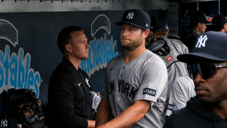 Gerrit Cole erupts in the dugout during the Yankees' beat the Guardians 3-2 in Cleveland, June 9, 2026.