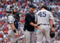 Gerrit Cole leaves the mound after 4 earned runs in 5 innings during the Yankees' 4-1 loss to the Red Sox, Boston, Jun 27, 2026.