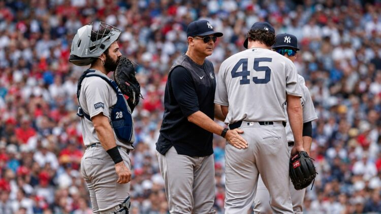 Gerrit Cole leaves the mound after 4 earned runs in 5 innings during the Yankees' 4-1 loss to the Red Sox, Boston, Jun 27, 2026.