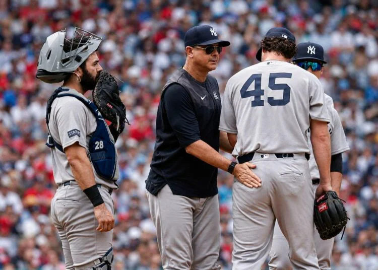 Gerrit Cole leaves the mound after 4 earned runs in 5 innings during the Yankees' 4-1 loss to the Red Sox, Boston, Jun 27, 2026.