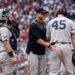 Gerrit Cole leaves the mound after 4 earned runs in 5 innings during the Yankees' 4-1 loss to the Red Sox, Boston, Jun 27, 2026.