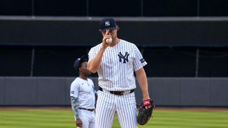 Gerrit Cole is on the mound during the Yankees' 5-4 loss to the Guardians in New York, June 3, 2026.