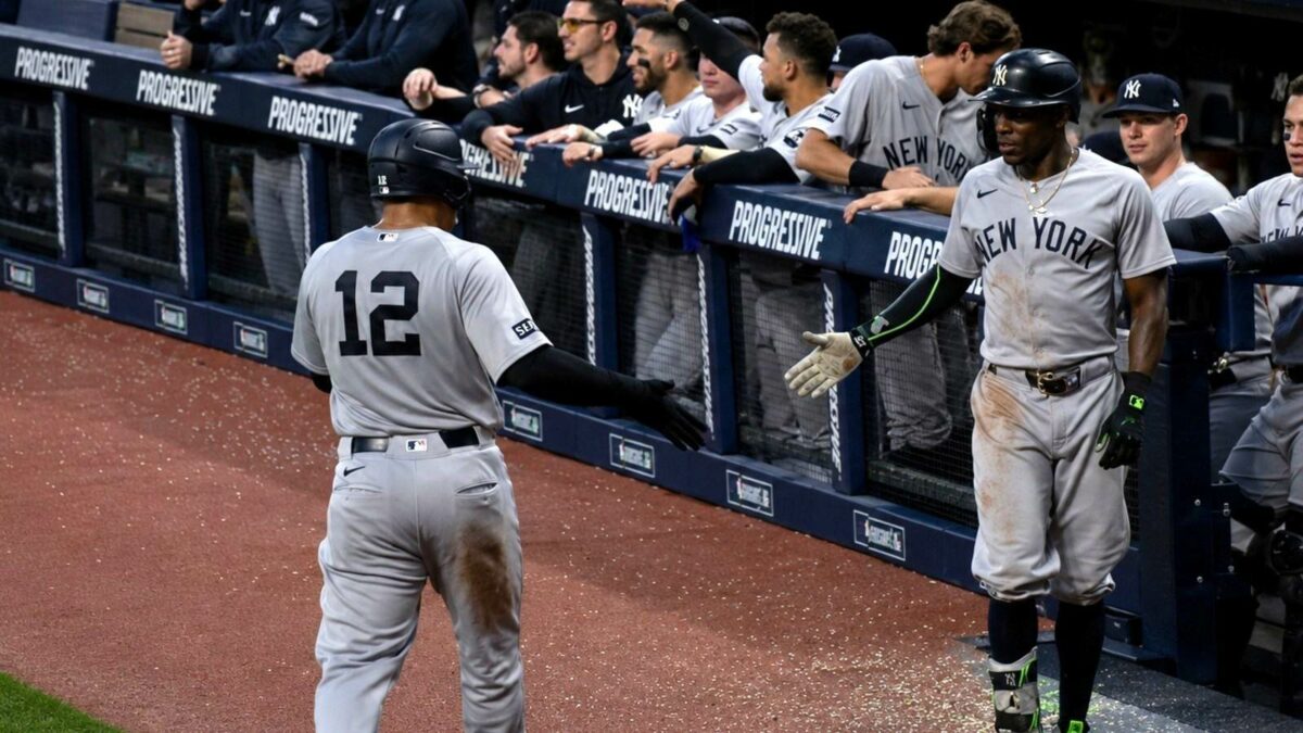 Trent Grisham and Jazz Chisholm Jr, celebrate after a run in the Yankees' 5-7 win over the Guardians in Cleveland, June 08, 2026.