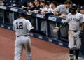 Trent Grisham and Jazz Chisholm Jr, celebrate after a run in the Yankees' 5-7 win over the Guardians in Cleveland, June 08, 2026.