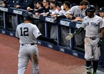 Trent Grisham and Jazz Chisholm Jr, celebrate after a run in the Yankees' 5-7 win over the Guardians in Cleveland, June 08, 2026.